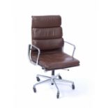 Charles and Ray Eames for Herman Miller Office chair, brown leather and chrome frame, 102cm high,