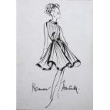 Norman Hartnell (1901-1979) 'Untitled fashion design' pen and ink sketch, signed lower centre,