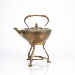 W A S Benson (1854-1924) brass kettle on stand with woven handle, 25cm high overall, 15cm high