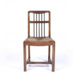 Arts & Crafts oak framed chair with spindle back and drop-in raffia seat, unmarked, 85cm