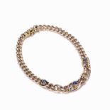 Victorian 9ct gold bracelet inset with three small sapphires and two pearls, 9g approx