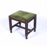 Early 20th Century Oak occasional stool, with carved roundels and green upholstered top. unmarked,