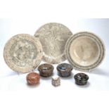 Collection of studio pottery consisting of five marbled agate ware lidded boxes and three plates,