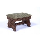 Arts and Crafts Oak stool, with carved supports and green upholstered top, unmarked, 47cm x 29cm x
