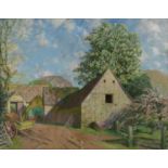 Gerald Gardiner (1902-1959) 'Spring at the farm' oil, with handwritten paper label on the reverse of