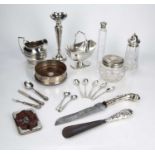 Collection of silver items including: silver bottle coaster, silver sugar basket, 15cm high, 172g