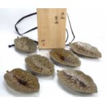 Shinichi Honma (b.1948) at Fujisawa Japanese studio pottery, set of six leaf shaped dishes with