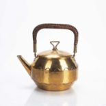 WMF (Würtemburgische Machin Fabrik) brass kettle with woven handle, angular handled lid, with beaten