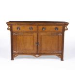 Liberty & Co Arts and Crafts oak sideboard with metal strap stylised hinges, pierced decoration