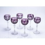 Set of six cut glass hock glasses bohemian, flashed purple decoration, unsigned, 19cm high