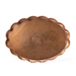 Newlyn School style copper tray, decorated with fish, unmarked, 48cm across overall Condition