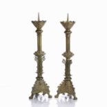 Pair of Ecclesiastical pricket candlesticks brass, 20th Century, decorated with foliate and mask
