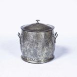 Arts and Crafts style coal bin/lidded pot, with twin handles and a lid, hammered finish