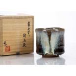 Sumihisa Tsuruta (Contemporary) Japanese studio pottery tea bowl with running glaze, incised mark to