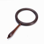 Treen Library magnifying glass 19th Century, with ribbed surround and turned handle, 34,5cm long x