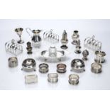 Collection of silver items consisting of: a silver mounted glass inkwell on silver stand, 18cm