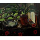 Edward Wolfe (1897-1982) 'Untitled still life on a table with floral cloth', oil on canvas, signed