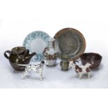 Collection of studio pottery and ceramics consisting of a studio pottery teapot, stamped DT, 17cm