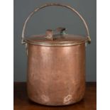 A copper pan with lid and wrought iron handle, 31cm diameter x 32cm highCondition report: Dents,