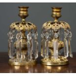 A pair of Regency gilt metal candle lusters with faceted drops, 9cm diameter x 18cm highCondition