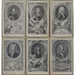 A set of seven 18th century historical portrait engravings the figure portrayed within architectural