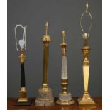 Four large table lamps to include a gilt metal lamp of column form with a turned hardstone base,
