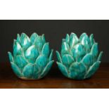 A pair of turquoise ceramic candle holders of vegetal form, 15cm highCondition report: Candleholders