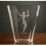 An art deco faceted glass vase engraved with a nude female figure standing in shallow water, 24cm