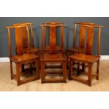 A set of six Chinese elm high backed 'lamp hanger' dining chairs with solid seats, the shaped legs