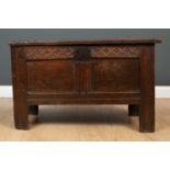 An 18th century oak twin panelled coffer 92cm wide x 45cm deep x 56cm highCondition report: In