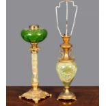 A late 19th / early 20th century green glass gilt metal and onyx oil lamp base 43cm high together