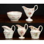 Four assorted late 18th century New Hall cream jugs, together with a New Hall sugar bowl, 12cm