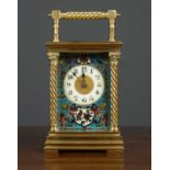 A 19th century French brass carriage clock by R & Co, the enamel dial within turquoise enamel case