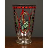 A glass vase with hand painted decoration of exotic birds within red and black painted panels