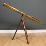 A brass telescope by T Cooke & Sons York and London, on mahogany tripod stand, telescope 140cm