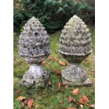 A pair of cast reconstituted stone pineapple finials on square plinth bases, 30cm wide x 30cm deep x