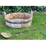 A coopered iron bound whey trough 51cm diameter x 17cm high together with an antique brass pierced