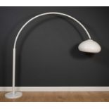 A1970's Arco style white metal floor lamp with adjustable arm on painted metal base with white
