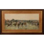 A set of four hand painted racing lithographs by John Beer circa 1900, each set in reeded oak frames