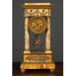 A 19th century French marble portico mantle clock with gilt mounts, the gilded dial with roman