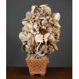 A shell sculpture consisting of a variety of shells and coral placed in a square terracotta pot,