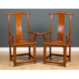 A pair of Chinese elm open armchairs with single splat back, panelled seat and turned supports, 66cm