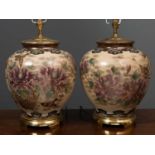 A pair of 20th century large crackle glaze pottery table lamps of baluster form, decorated with