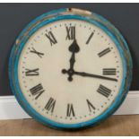 A mid 20th century blue painted cast iron clock dial previously for external use, 56cm