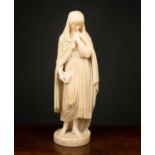 An alabaster sculpture of a veiled woman holding a book, 19th Century, on a circular base, 50cm