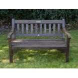 A brown painted hardwood four seater garden bench 200cm wide x 47cm deep x seat height 47cmCondition