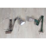 Two MEK ELEK adjustable lamps both stamped MEK ELEK PATENT C R, one industrial anglepoise lamp and