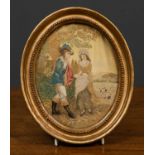 A Georgian silkwork picture, depicting a young couple in a pastoral landscape, framed and glazed,