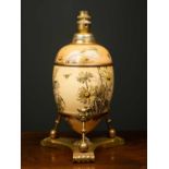 A Victorian aesthetic movement lamp, the porcelain floral base decorated with yellow flowers and