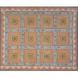 An Eastern embroidered cotton hanging or bedspread with a peach ground and twelve central square